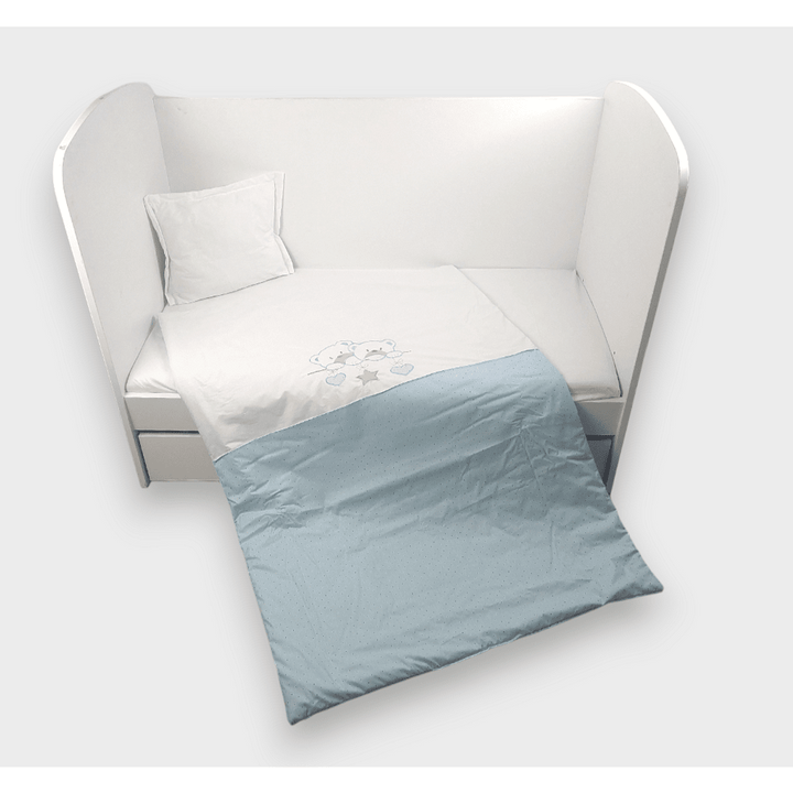 Rainy Set de lenjerie de pat pentru bebeluși 3 piese 60x120 cm. Ursuleți stelați albastru