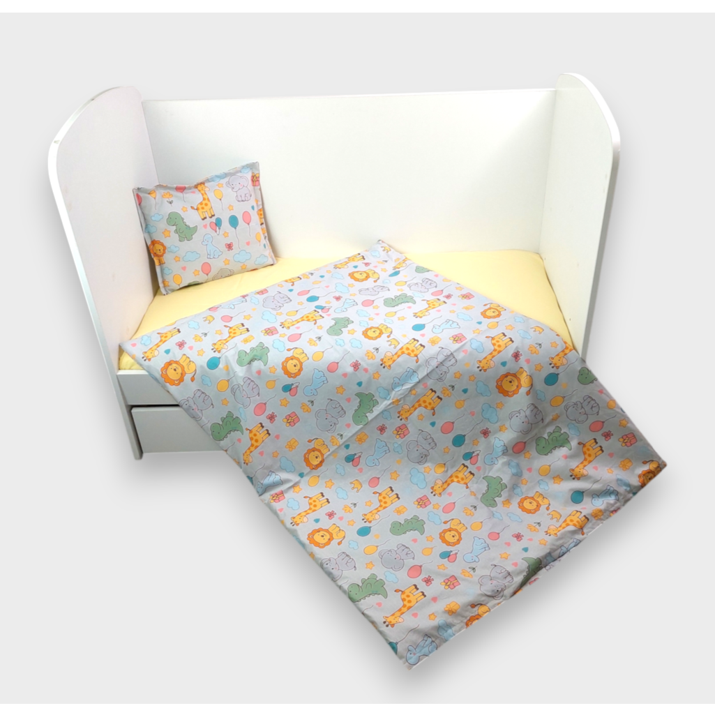 Rainy Set lenjerie de pat pentru bebeluși, 3 piese, 65x110 cm. Prieteni colorați gri