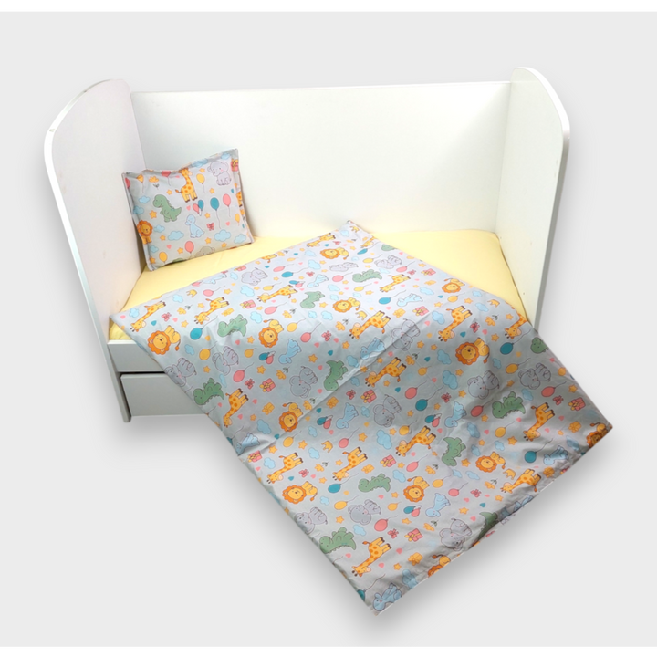Rainy Set lenjerie de pat pentru bebeluși, 3 piese, 65x110 cm. Prieteni colorați gri