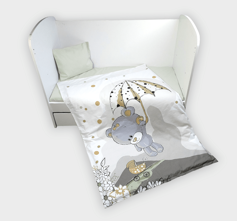 Set de lenjerie pentru pătuț Rainy, 3 piese, 65 x 110 cm, ursuleț gri cu umbrelă