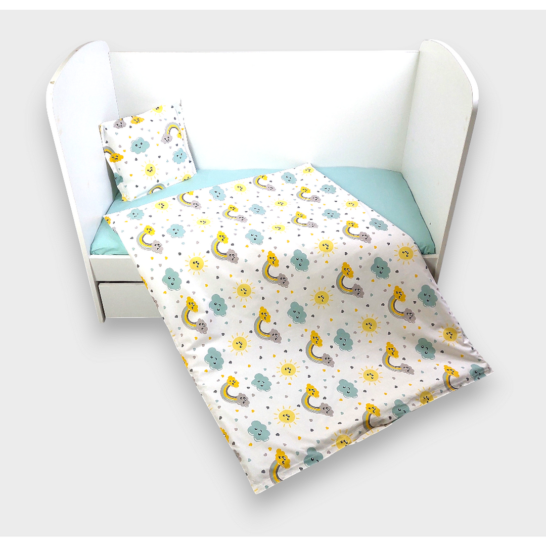 Rainy Set de lenjerie de pat pentru bebeluși 3 piese 70x140 cm. Curcubeu pe nor