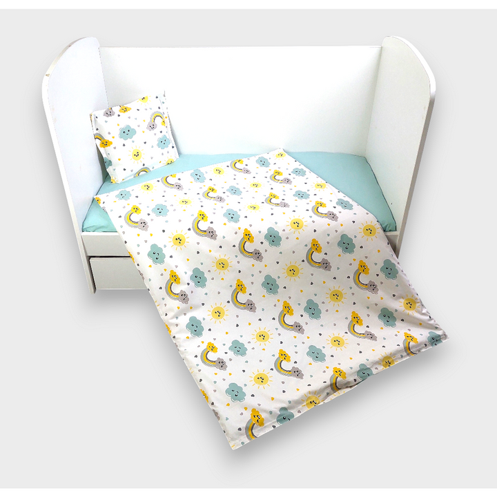 Rainy Set de lenjerie de pat pentru bebeluși 3 piese 70x140 cm. Curcubeu pe nor