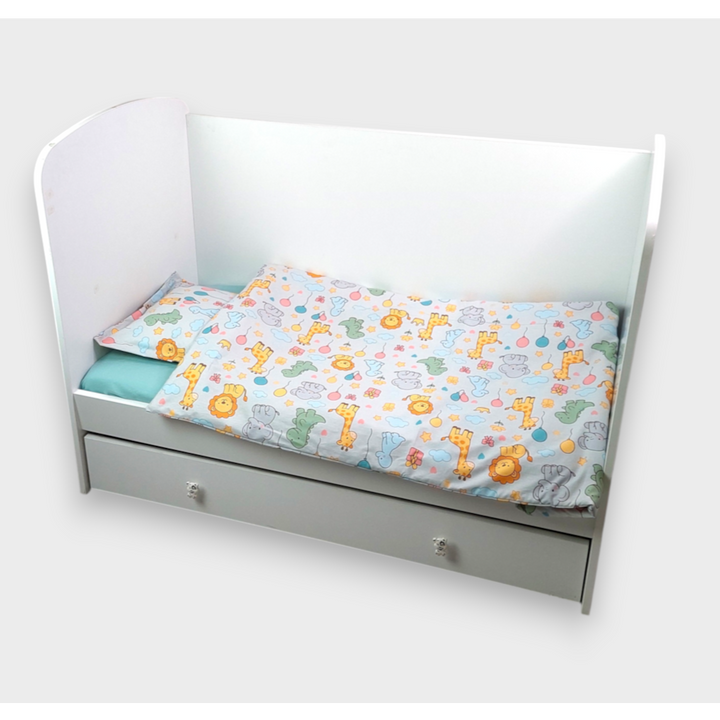Set de lenjerie pentru pătuț Rainy, 3 piese, 70x140 cm. Prieteni colorați, gri