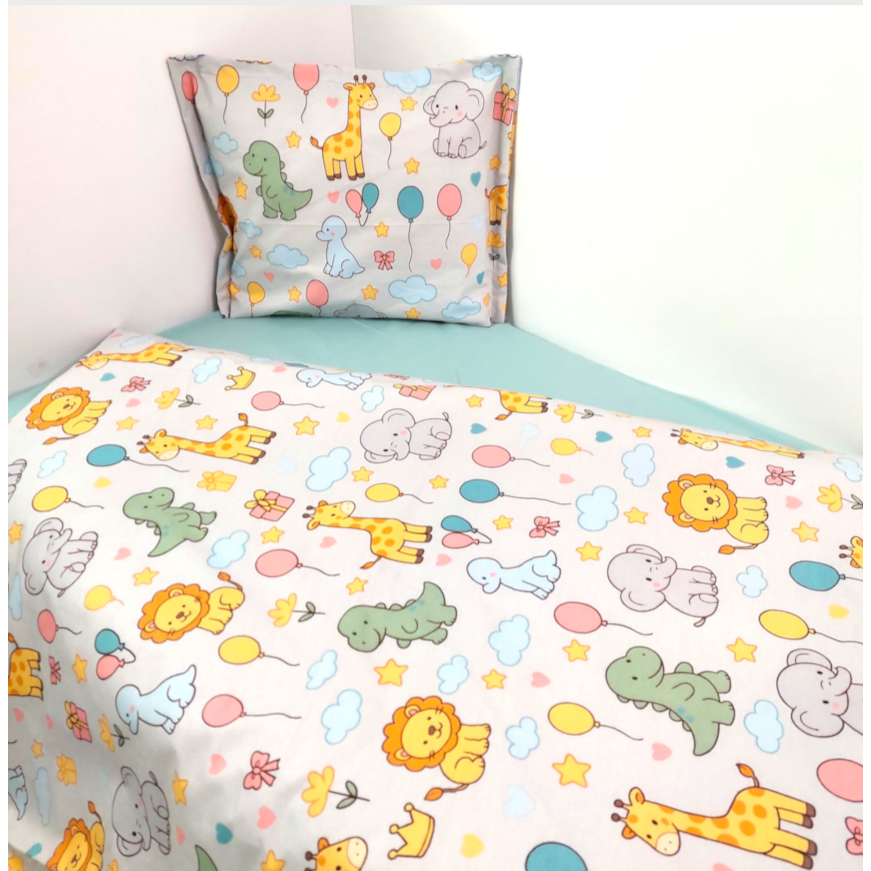 Set de lenjerie pentru pătuț Rainy, 3 piese, 70x140 cm. Prieteni colorați, gri