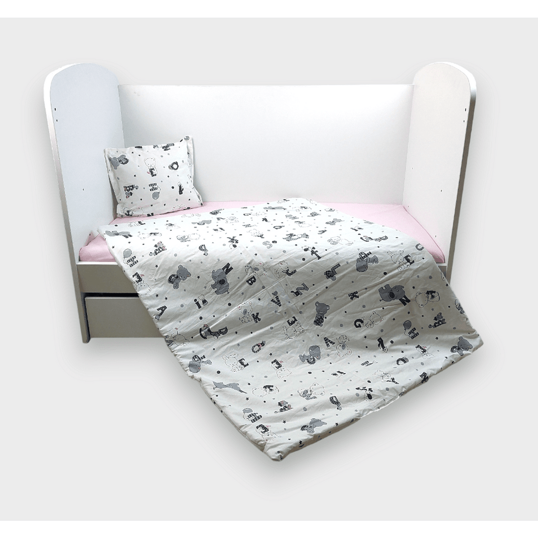 Rainy Set de lenjerie de pat pentru bebeluși, 3 piese, 70x140 cm, Ursuleț cu litere, gri