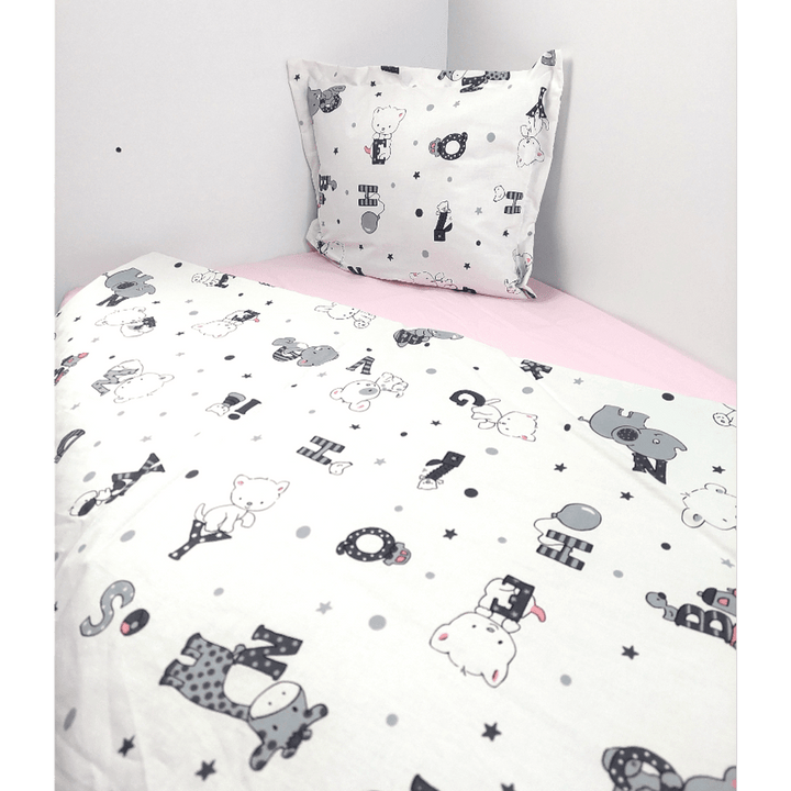 Rainy Set de lenjerie de pat pentru bebeluși, 3 piese, 70x140 cm, Ursuleț cu litere, gri