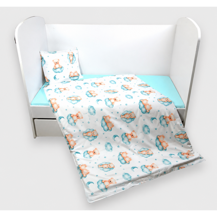 Rainy Set lenjerie de pat pentru bebeluși 3 piese 70x140 cm. Ursuleț pe norișor verde mentă