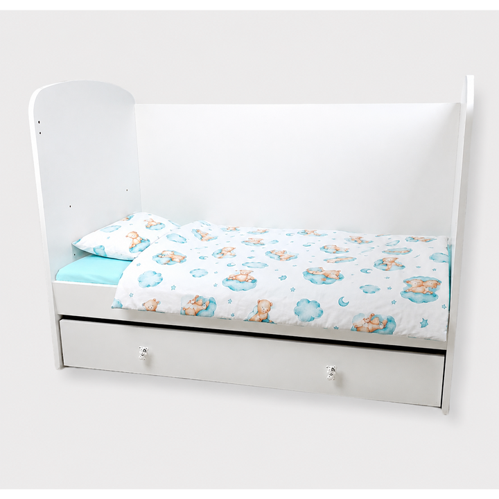 Rainy Set lenjerie de pat pentru bebeluși 3 piese 70x140 cm. Ursuleț pe norișor verde mentă