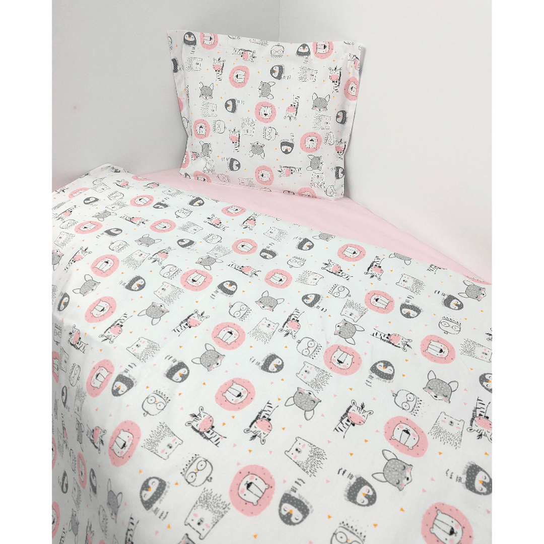 Rainy Set de lenjerie de pat pentru bebeluși 3 piese 70x140 cm. Animăluțe roz
