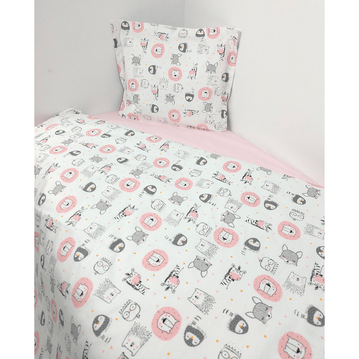 Rainy Set de lenjerie de pat pentru bebeluși 3 piese 70x140 cm. Animăluțe roz