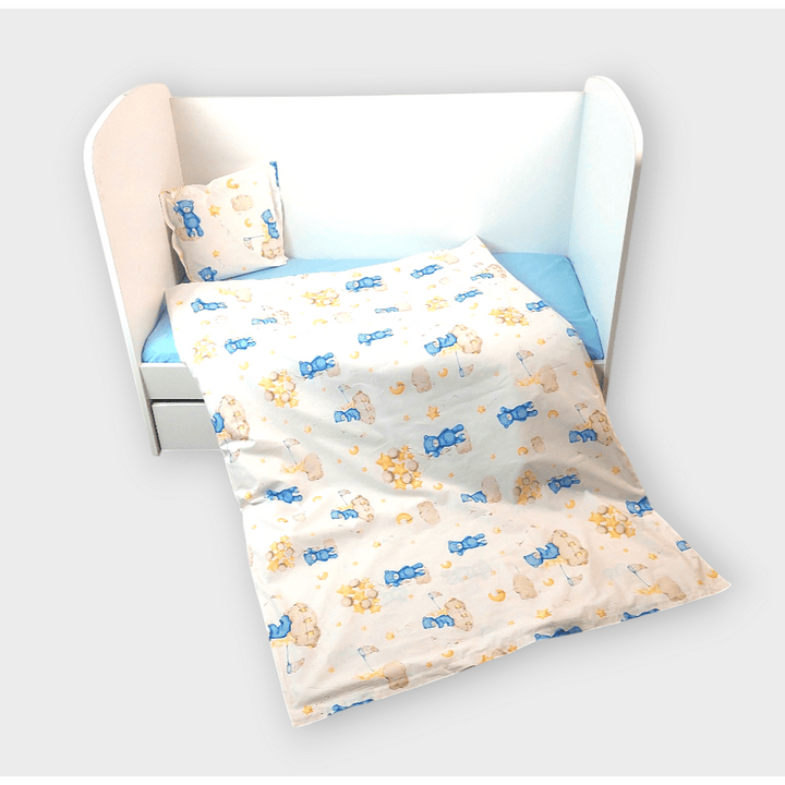 Set de lenjerie pentru pătuț Rainy, 3 piese, 70x140 cm. Ursuleț albastru pe un nor