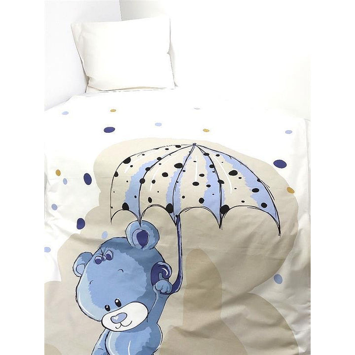 Rainy Set de lenjerie de pat pentru bebeluși, 3 piese, 70x140 cm. Ursuleț albastru cu umbrelă
