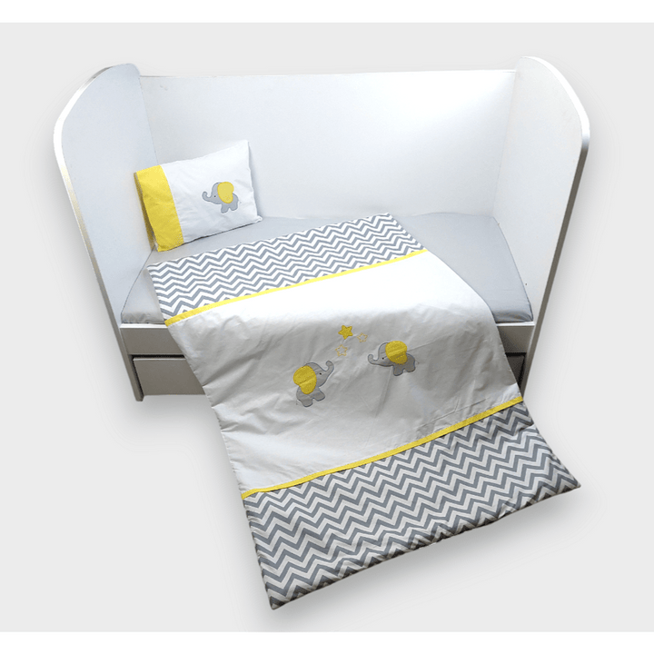 Set de lenjerie pentru pătuț Rainy, 3 piese, 70x140 cm, cu elefant și bufniță
