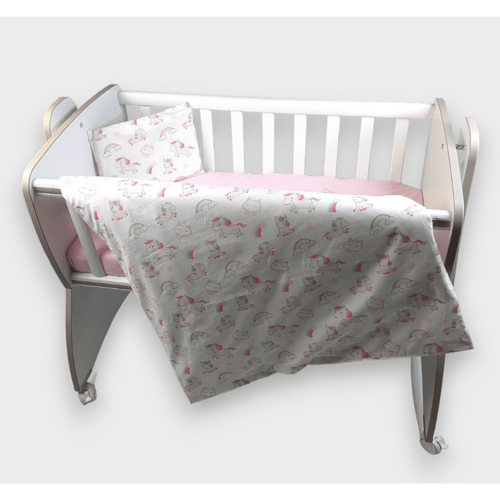 Rainy Set de lenjerie de pat pentru bebeluși, 3 piese, pentru pătuț mini și leagăn, Unicorn roz