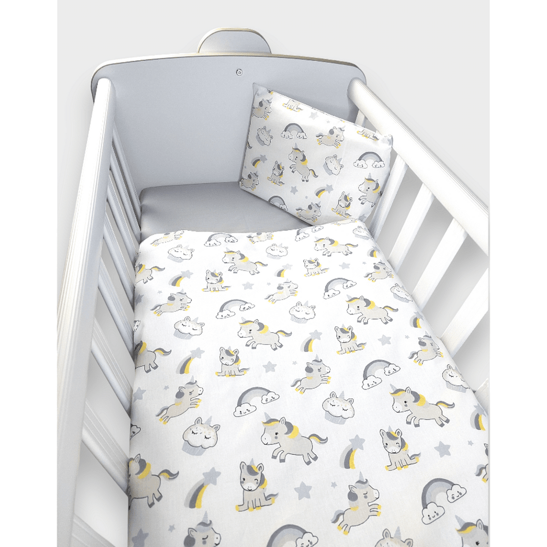 Set de lenjerie pentru pătuț Rainy, 3 piese, pentru pătuț mini și leagăn, model Unicorn, gri
