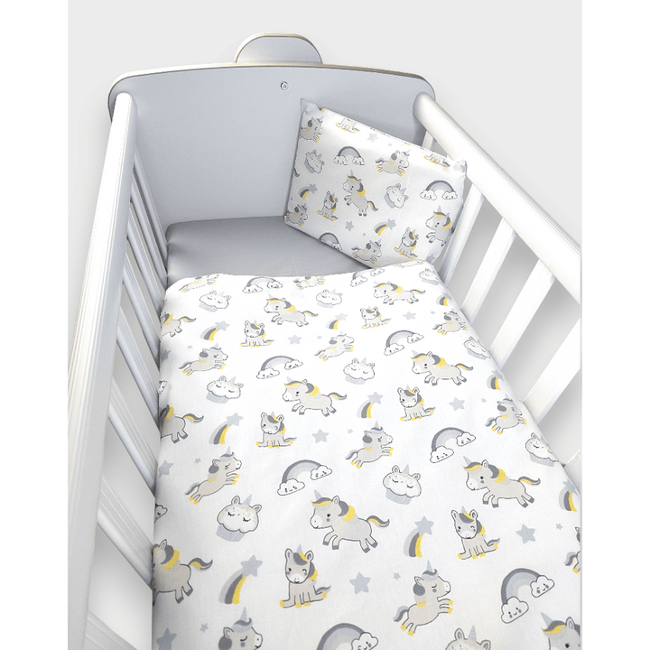 Set de lenjerie pentru pătuț Rainy, 3 piese, pentru pătuț mini și leagăn, model Unicorn, gri