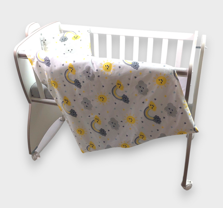 Rainy Set de lenjerie de pat pentru bebeluși, 3 piese, pentru pătuț mini și leagăn, model nori cu curcubeu, gri