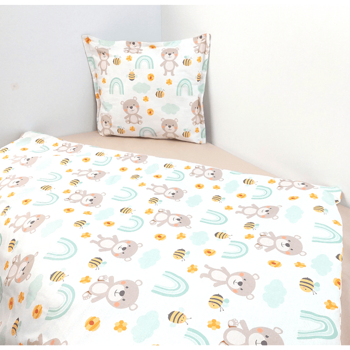 Set de lenjerie pentru pătuț Rainy, 4 piese, 60x120 cm. Ursuleț cu curcubeu, mentă