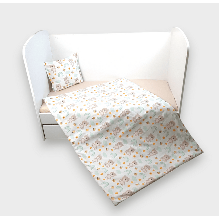 Set de lenjerie pentru pătuț Rainy, 4 piese, 60x120 cm. Ursuleț cu curcubeu, mentă