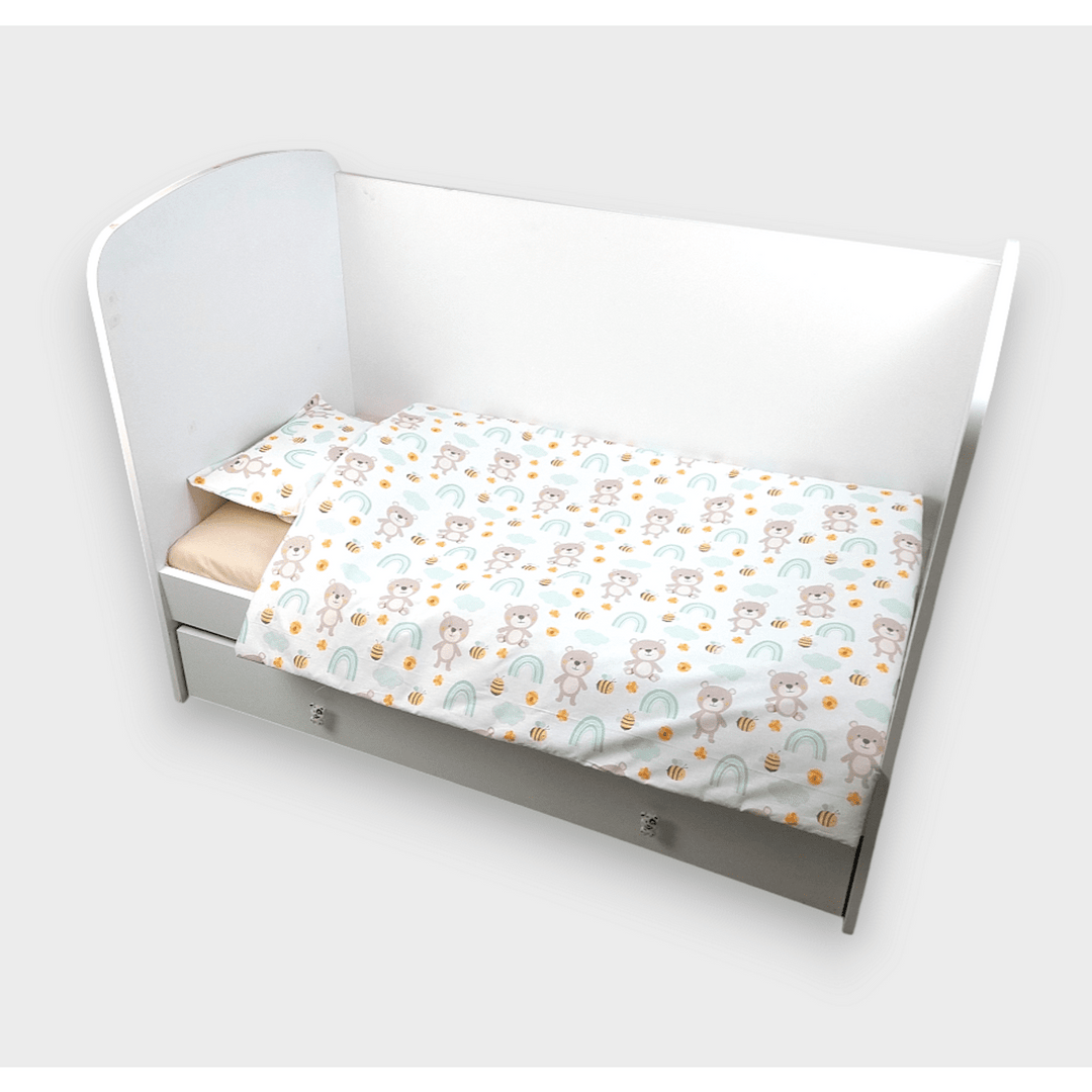 Set de lenjerie pentru pătuț Rainy, 4 piese, 60x120 cm. Ursuleț cu curcubeu, mentă