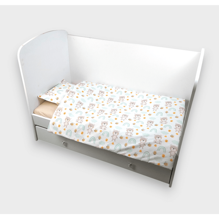 Set de lenjerie pentru pătuț Rainy, 4 piese, 60x120 cm. Ursuleț cu curcubeu, mentă