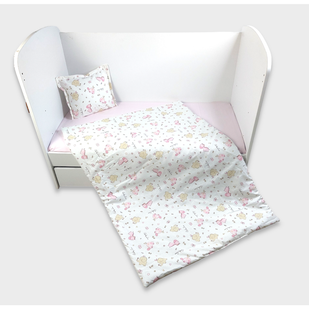 Rainy Set de lenjerie de pat pentru bebeluși, 4 piese, 60x120 cm, Roz, cu zebre și elefanți