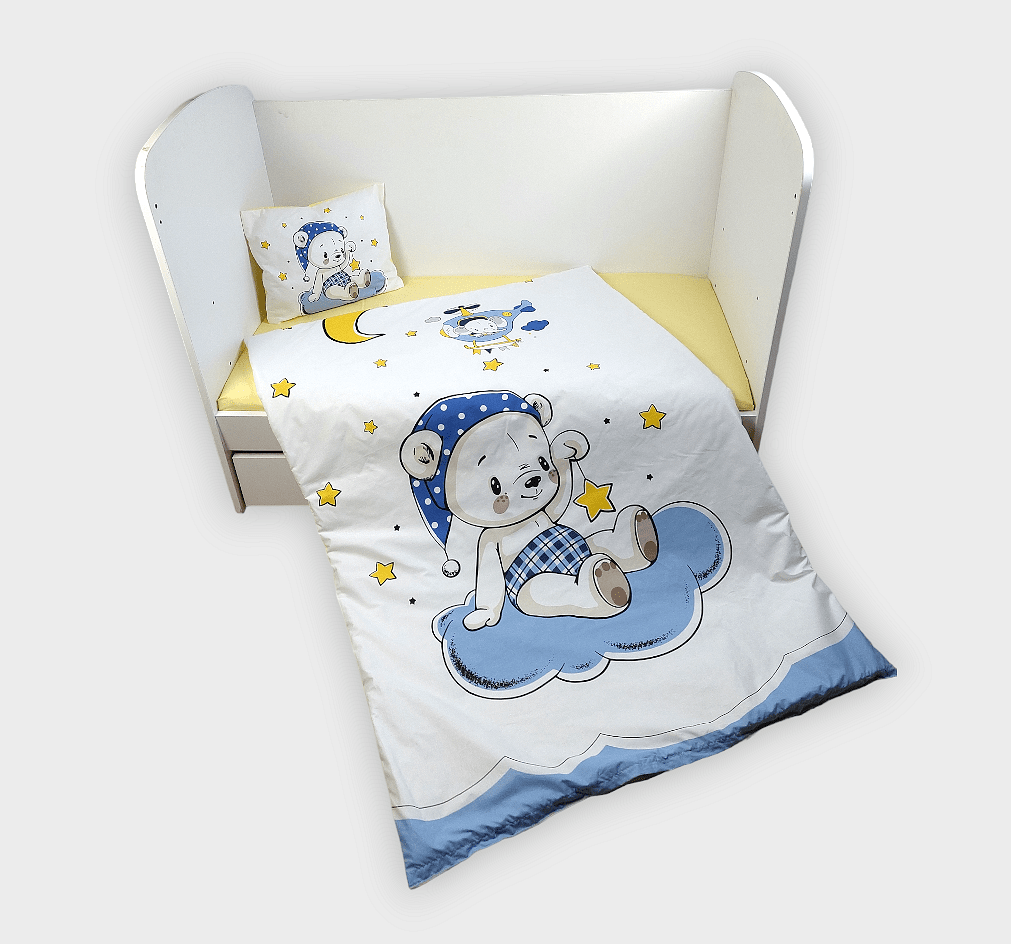 Set de lenjerie pentru pătuț Rainy, 5 piese, 60x120 cm, ursuleț albastru