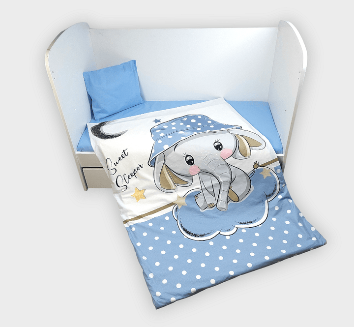 Set de lenjerie pentru pătuț Rainy, 5 piese, 60x120 cm, elefant albastru