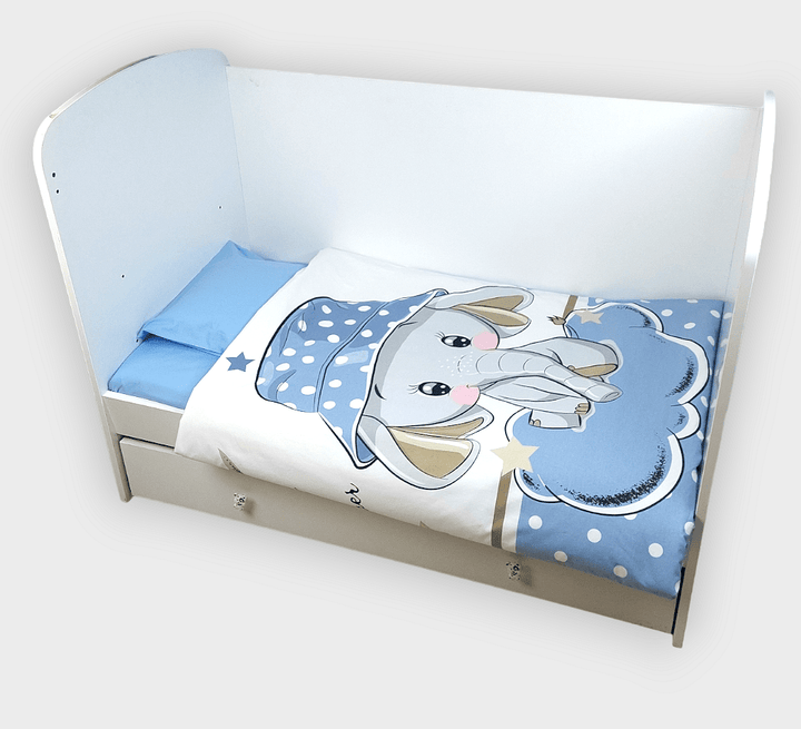 Set de lenjerie pentru pătuț Rainy, 5 piese, 60x120 cm, elefant albastru