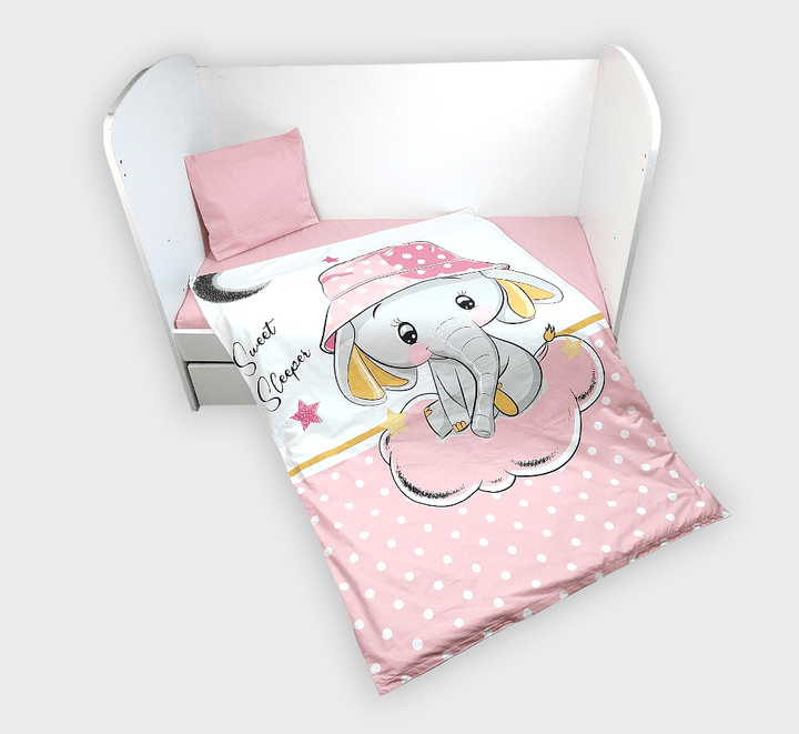 Rainy Set de lenjerie pentru bebeluși 5 piese 65x110 cm. Elefănțel roz