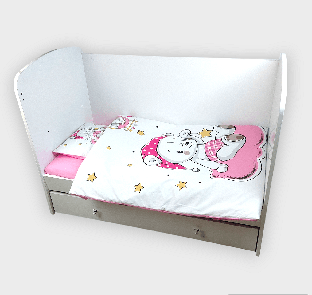 Rainy Set de lenjerie pentru bebeluși 5 piese 60x120 cm. Ursuleț roz