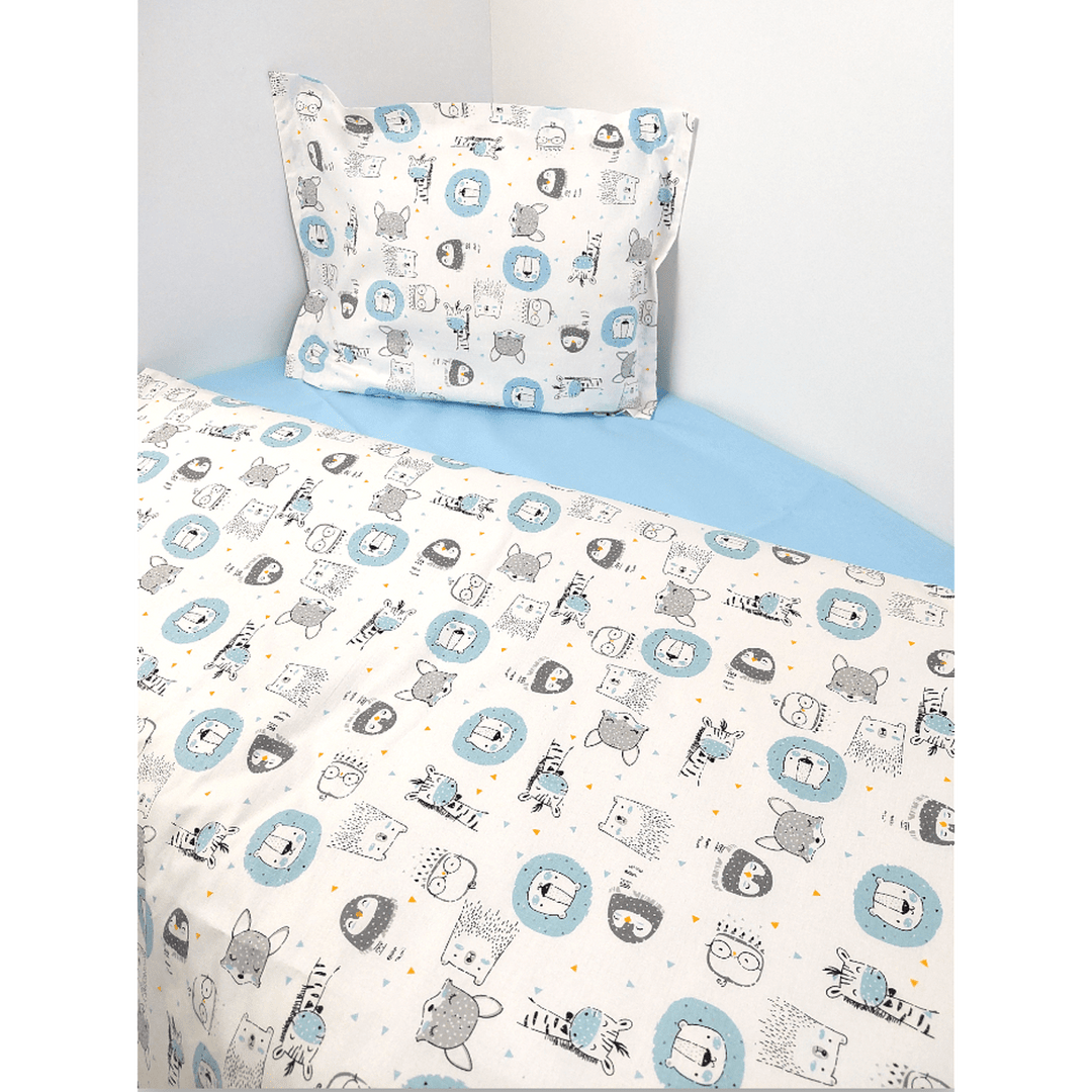 Set de lenjerie pentru pătuț Rainy, 4 piese, 60x120 cm, cu animale, albastru