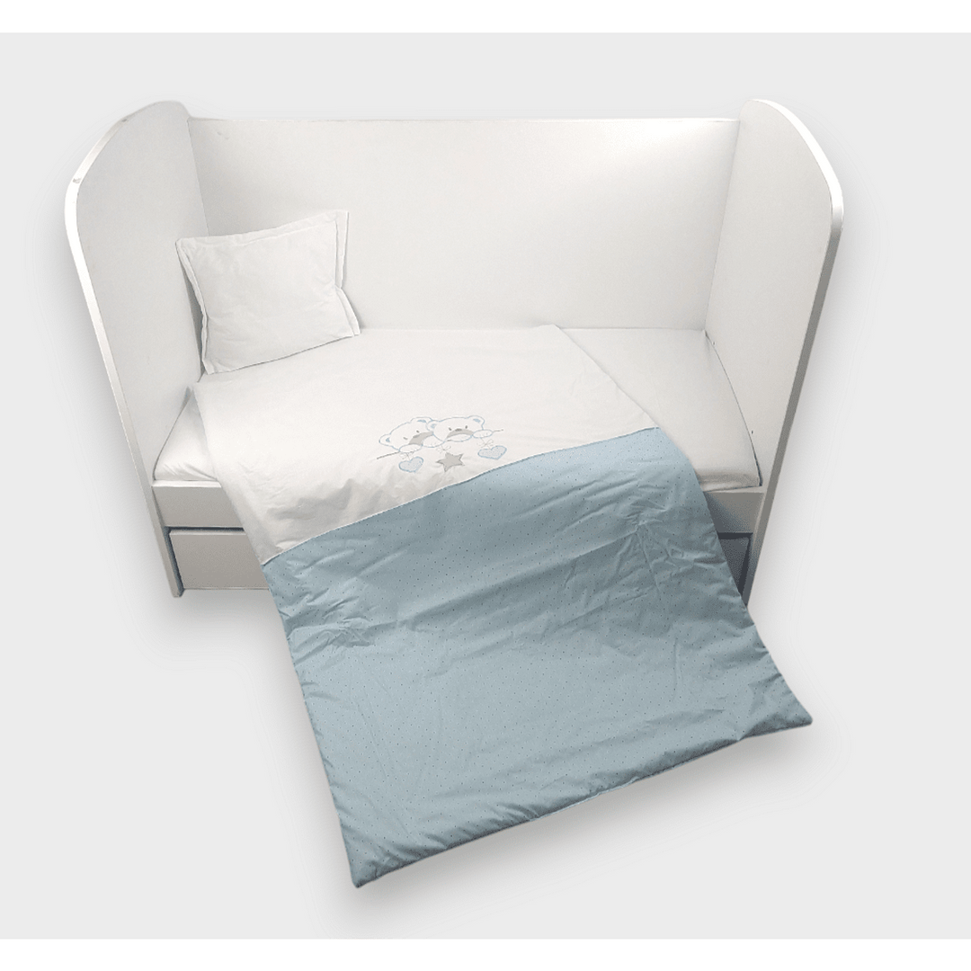 Rainy Set de lenjerie de pat pentru bebeluși 4 piese 65x110 cm. Ursuleți stelați albastru