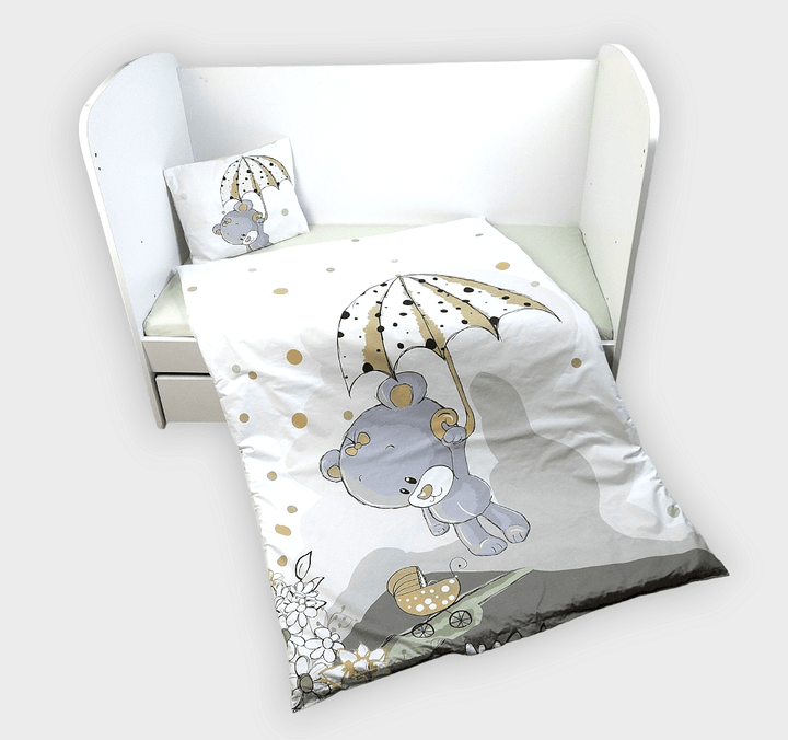 Set de lenjerie pentru pătuț Rainy, 5 piese, 70x140 cm. Ursuleț gri cu umbrelă