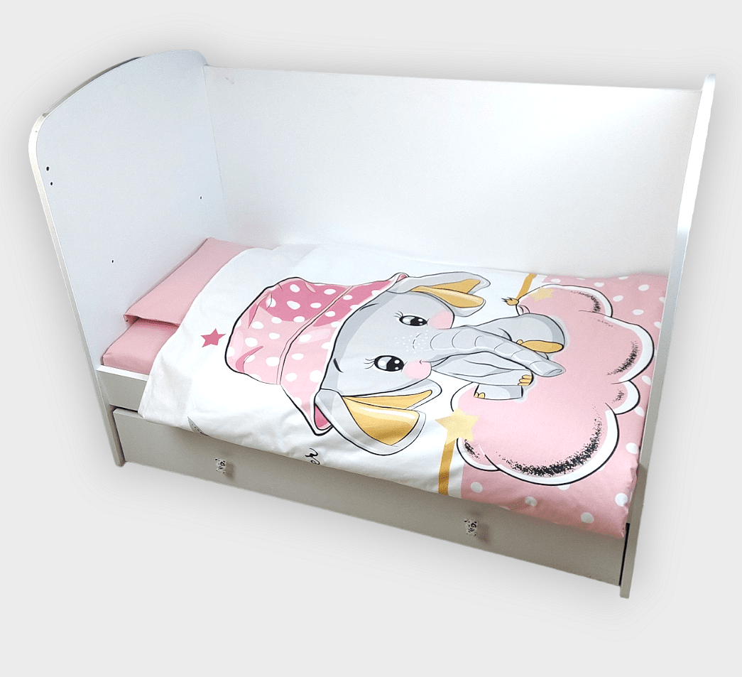 Set de lenjerie pentru pătuț Rainy, 5 piese, 60x120 cm, „Elefant roz”