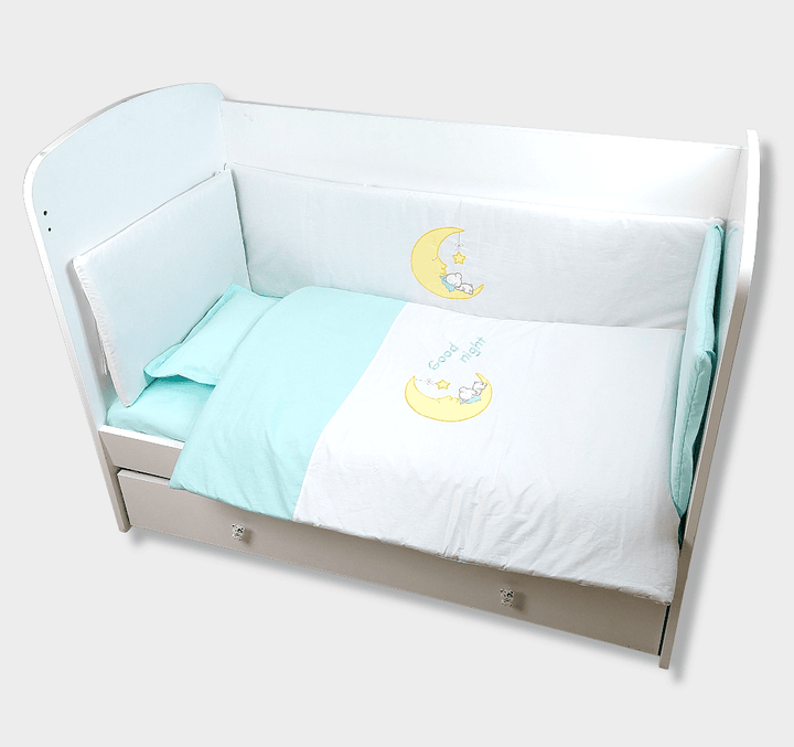 Rainy Set de lenjerie de pat pentru bebeluși 5 piese 65x110 cm. Ursuleț lunar verde mentă