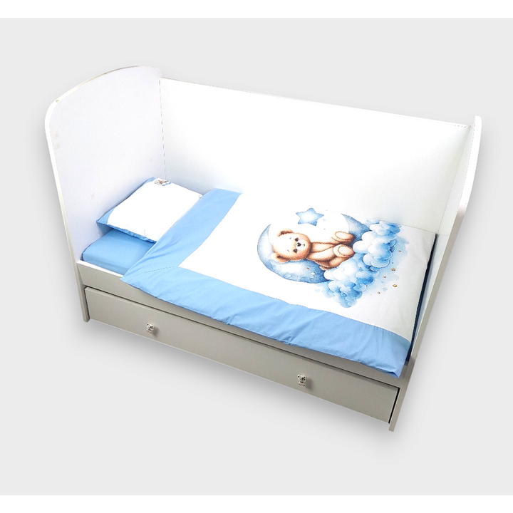 Rainy Set de lenjerie de pat pentru bebeluși 5 piese 60x120 cm. Ursuleț lunar albastru