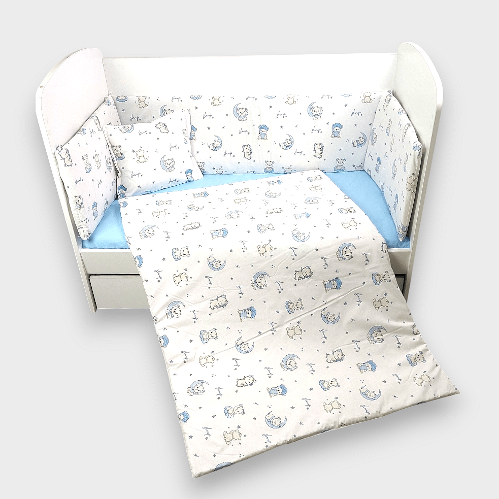 Rainy Set de lenjerie de pat pentru bebeluși 5 piese 60x120 cm. Lună albastră cu ursuleț