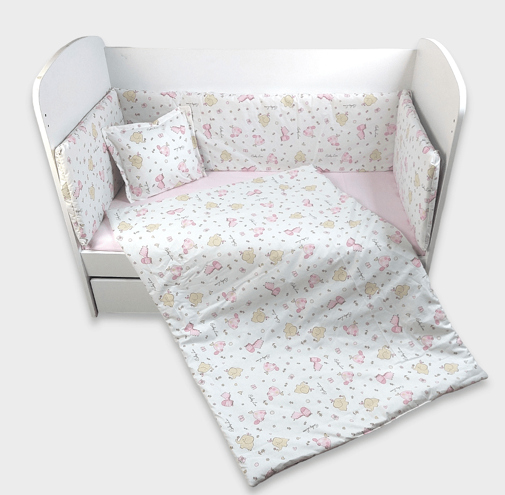 Rainy Set de lenjerie pentru bebeluși, 5 piese, 60x120 cm, Zebrine și Elefanți roz