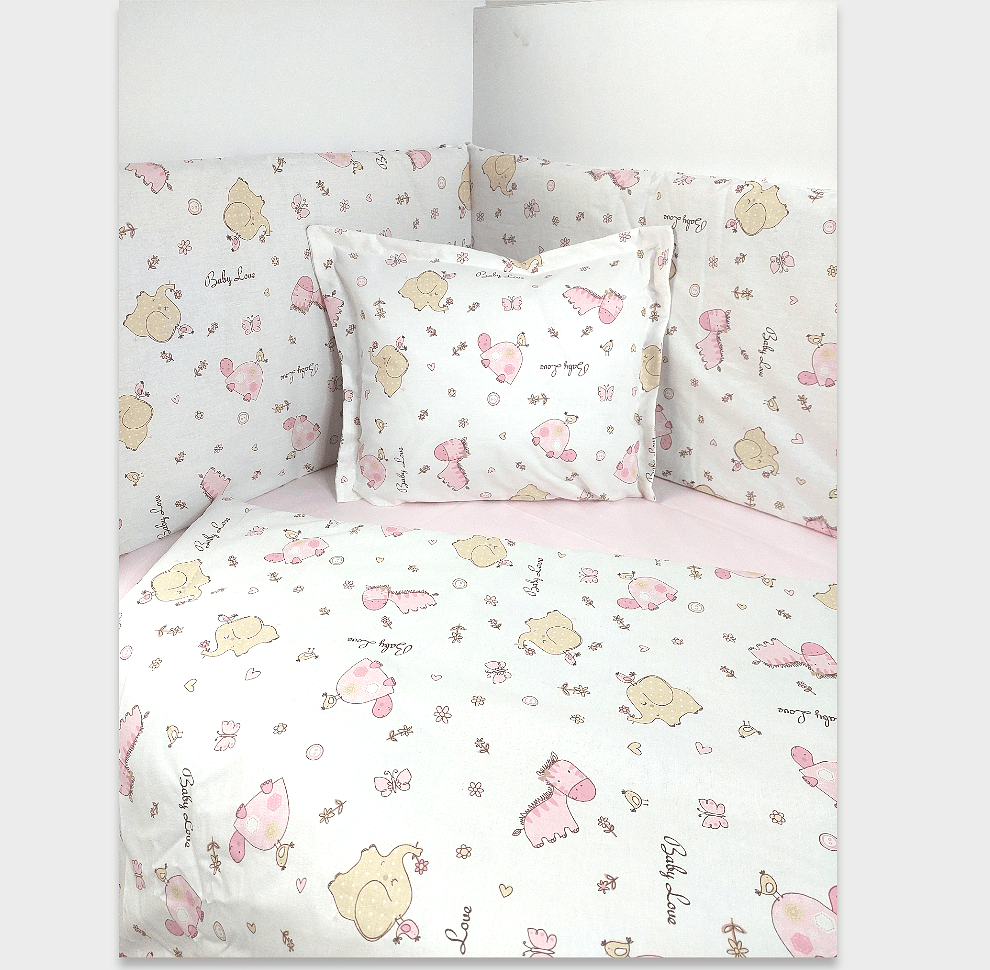 Rainy Set de lenjerie pentru bebeluși, 5 piese, 60x120 cm, Zebrine și Elefanți roz