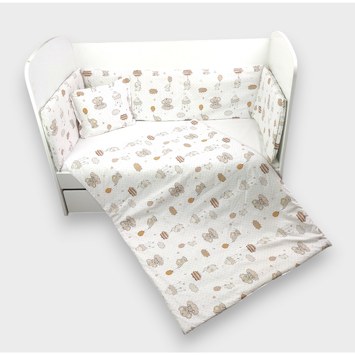 Rainy Set de lenjerie de pat pentru bebeluși 5 piese 60x120 cm. Elefănțel cu balon bej