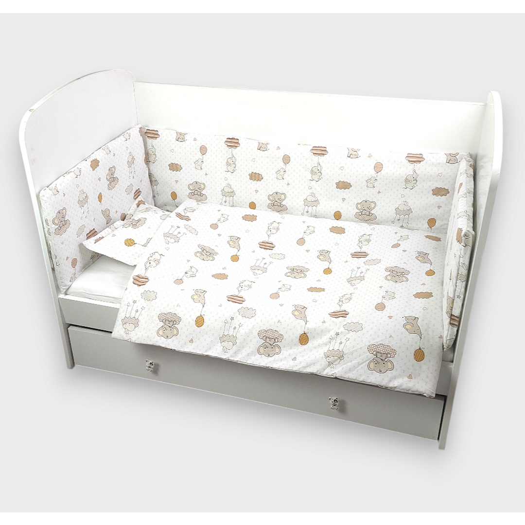 Rainy Set de lenjerie de pat pentru bebeluși 5 piese 60x120 cm. Elefănțel cu balon bej