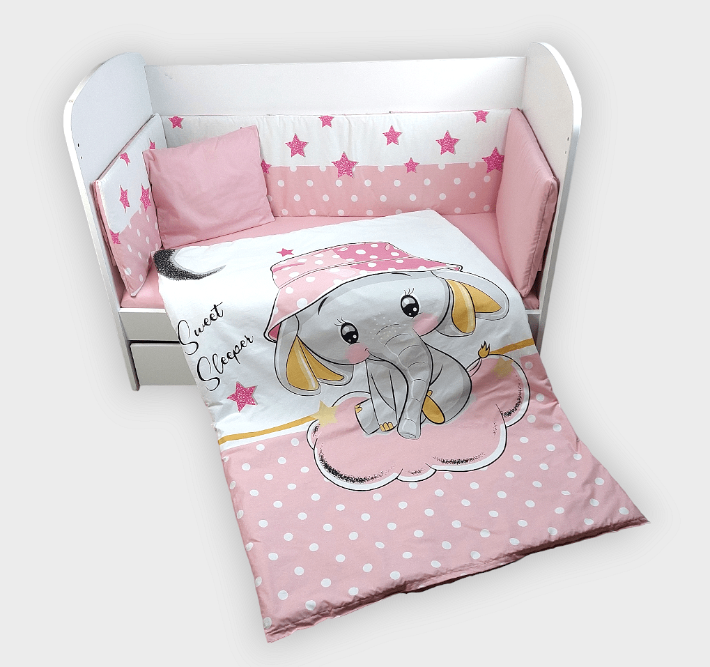Set de lenjerie pentru pătuț Rainy, 6 piese, 60x120 cm. Elefant roz