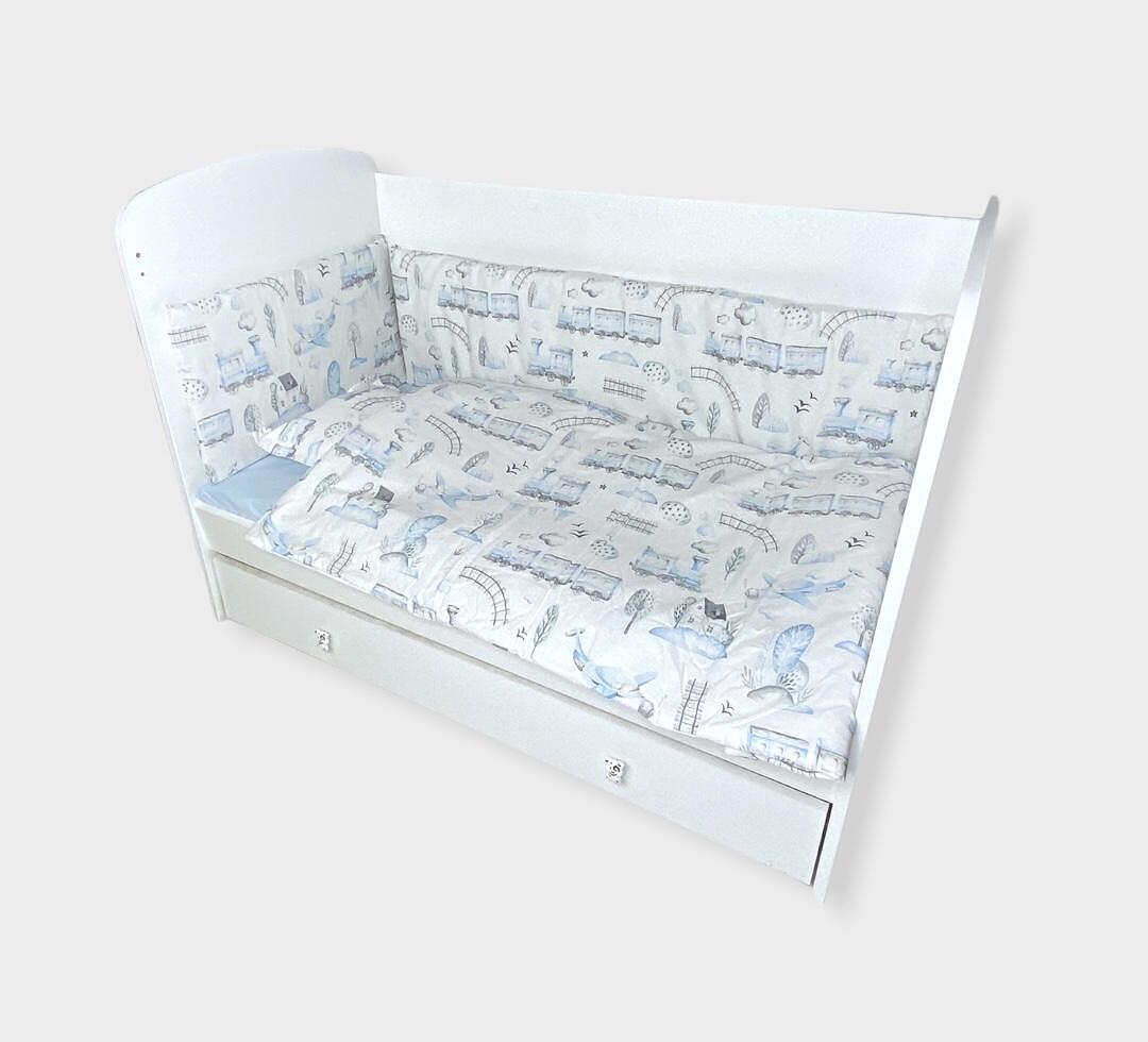 Rainy Set de lenjerie pentru pătuț bebe, 5 piese, 60x120 cm, Trenuleț albastru