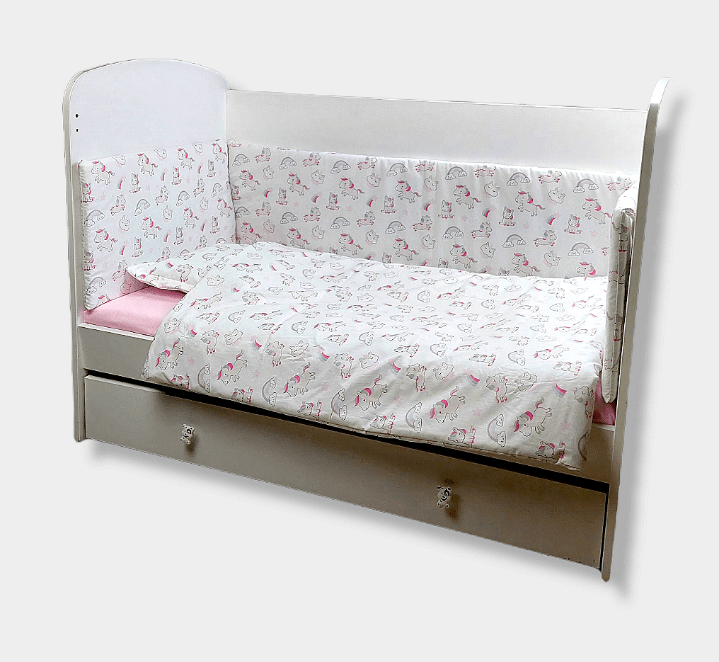 Set de lenjerie pentru pătuț Rainy, 5 piese, 65x110 cm, Unicorn roz