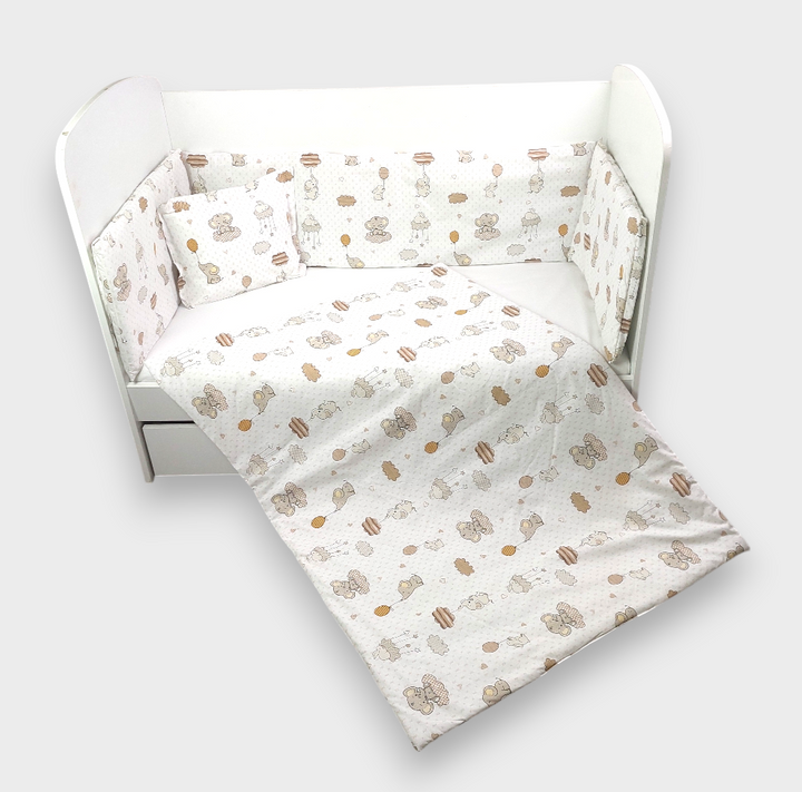 Rainy Set de lenjerie de pat pentru bebeluși 5 piese 70x140 cm. Elefănțel cu balon bej