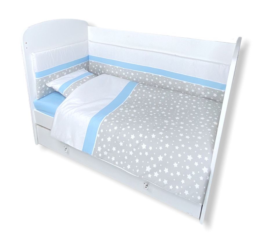 Rainy Set de lenjerie de pat pentru bebeluși, 5 piese, cu protecție laterală 60x120 cm. Dream steluțe gri