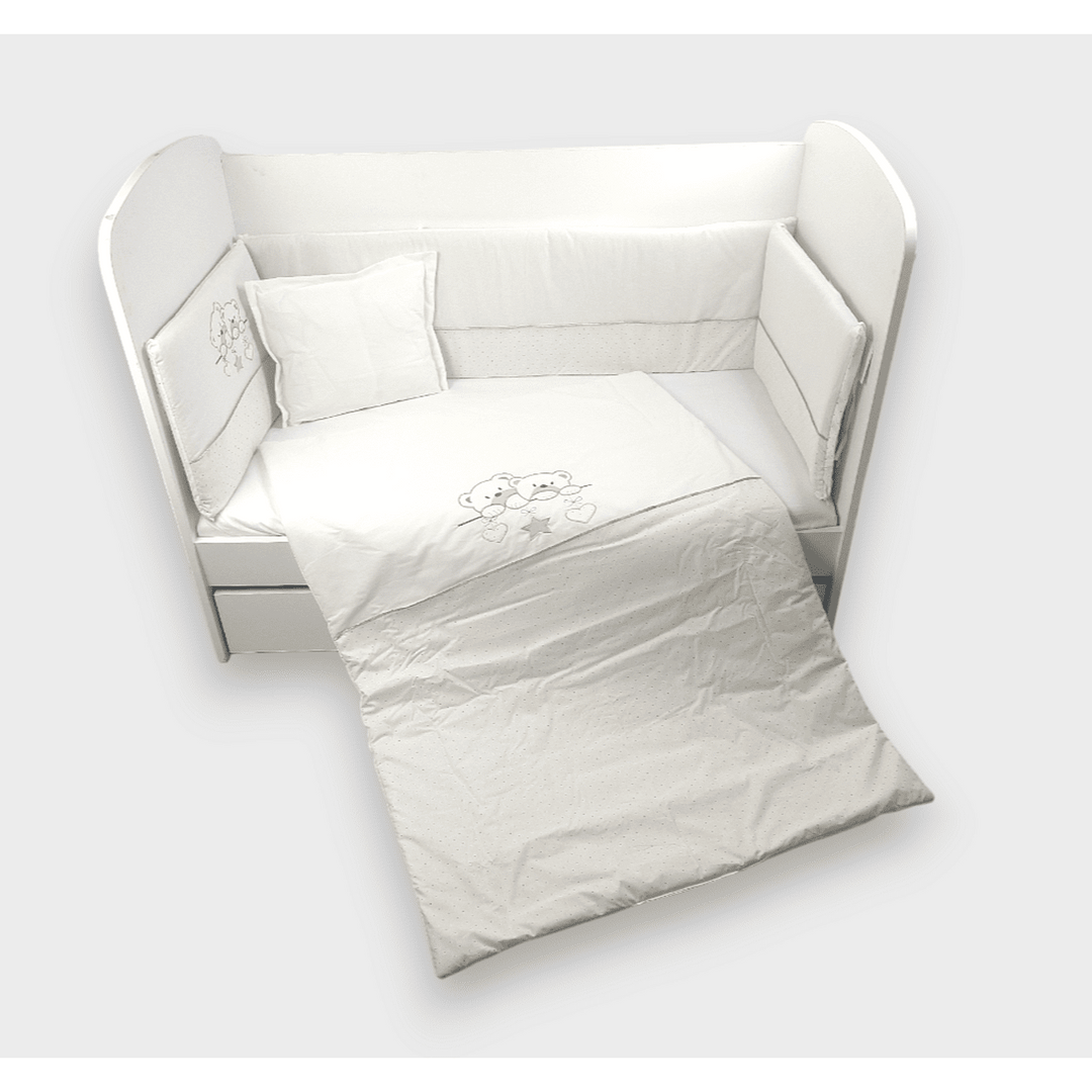 Rainy Set de lenjerie de pat pentru bebeluși din 5 piese cu protecție laterală 60x120 cm. Ursuți stelați ecru