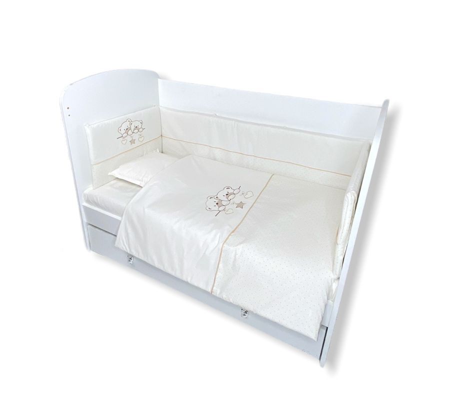 Rainy Set de lenjerie de pat pentru bebeluși din 5 piese cu protecție laterală 60x120 cm. Ursuți stelați ecru