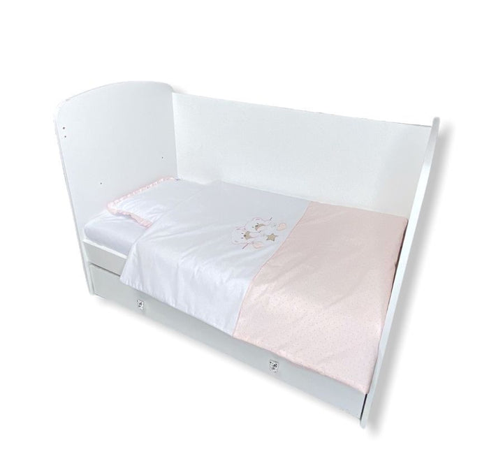 Set de lenjerie pentru pătuț Rainy, 4 piese, 60x120 cm, „Ursuleți sub stele”, roz